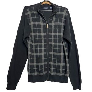 IZOD Men's Zip-Up Sweater Black Gray Plaid Cotton Academia Size Lg